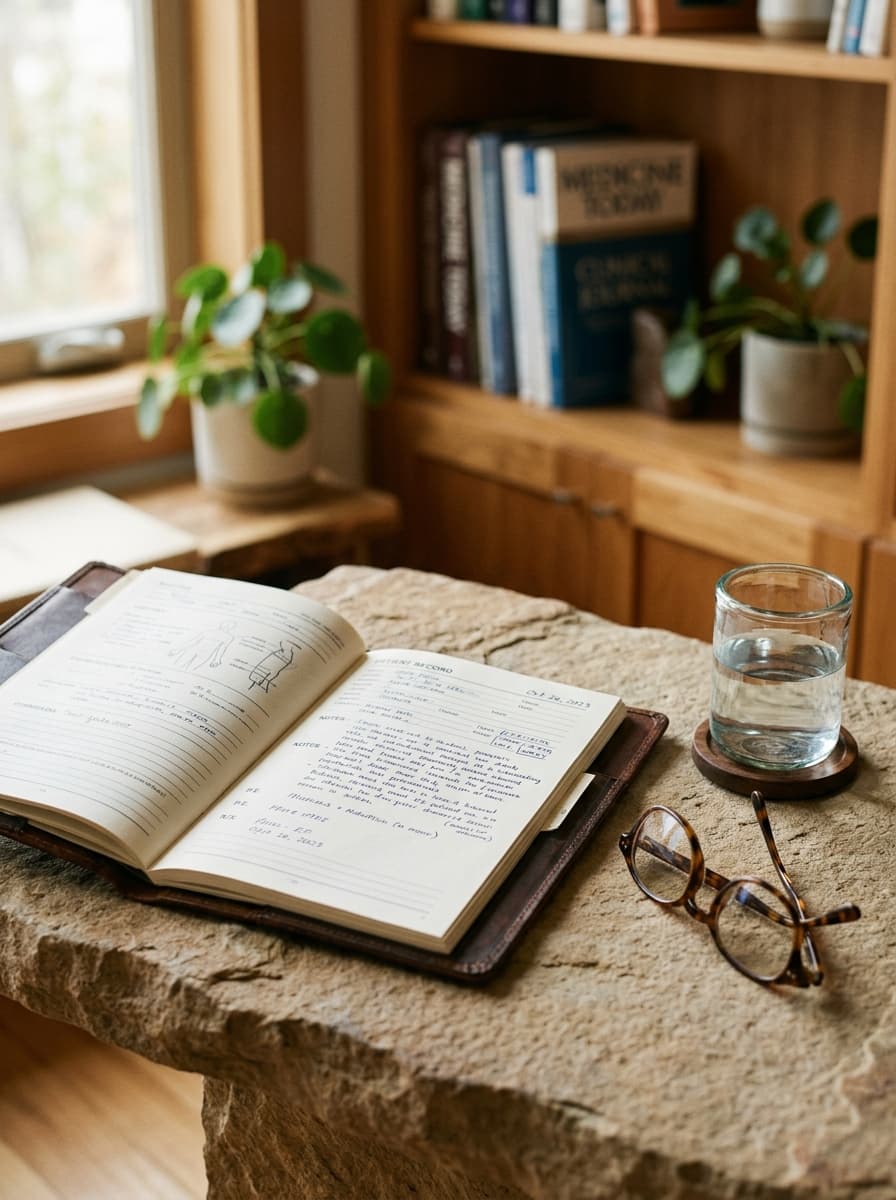 Clinical chart, eyeglasses, and glass of water — autoimmune care