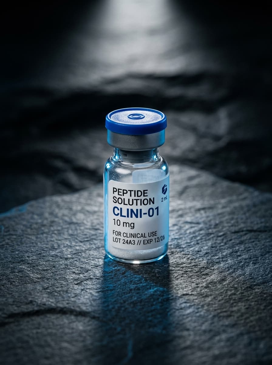 Clinical peptide vial on stone surface