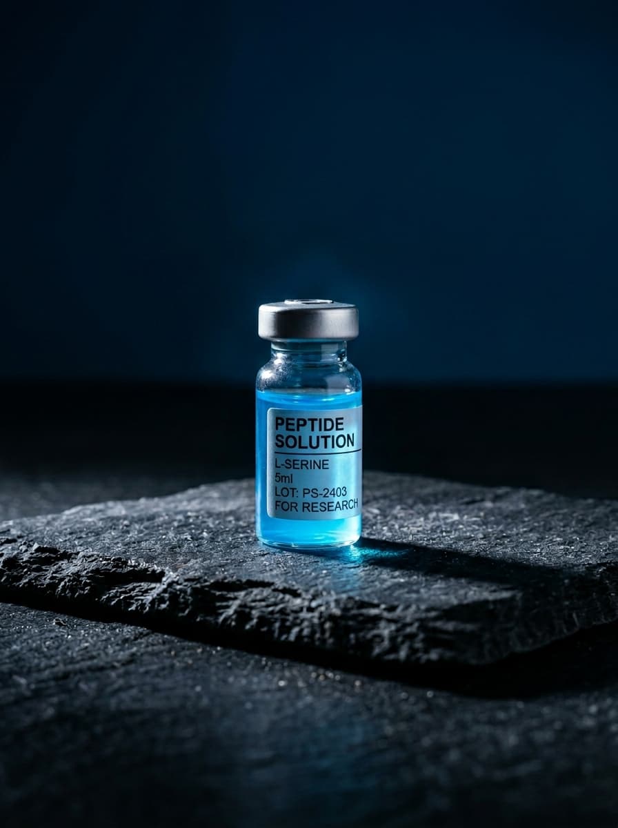 Luminous peptide vial on dark slate — longevity and cognition